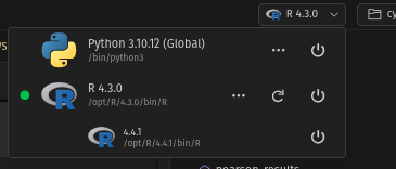 Screenshot of interpreters pane of Positron IDE, showing a choice for R 4.3.0 (for this project) or R 4.4.1 (the current default).