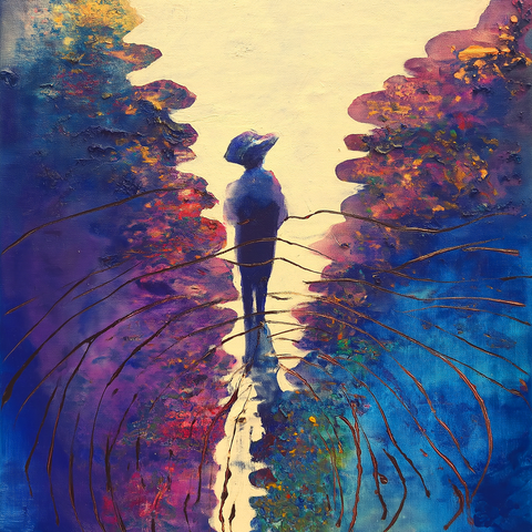 This painting captures a surreal and introspective moment. A solitary figure stands at the center, silhouetted in deep blues and purples, gazing upwards into a bright, almost celestial sky. The background radiates warmth and light, creating a stark contrast to the darker hues framing the figure. The vibrant foliage on either side seems to flow into the scene, with rich textures of gold, violet, and crimson evoking a sense of movement and life. Arcing lines extend outward from the figure, resembling ripples or radiating energy, drawing attention to the individual's isolation yet connection to the surroundings. The composition suggests themes of self-reflection, a journey inward or upward, and perhaps a search for meaning in the midst of vibrant chaos. It invites viewers to ponder their own paths and the beauty of solitude amidst a bustling world.