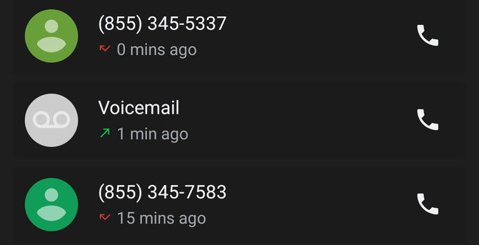 Screenshot of two spam calls, 15 minutes apart, from two phone numbers:

(855) 345-5337
(855) 345-7583