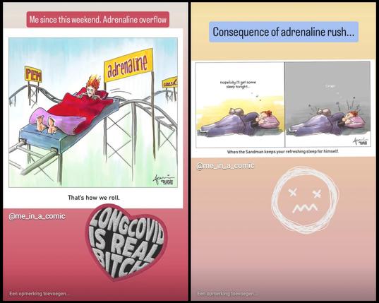 Two printscreens from my Insta reels with cartoons by me_in_a_comic.
Left: person in a bed mounted on a rollercoaster racing down over the top of the adrenaline hill. In distance another rollercoaster hill with PEM and one with Crash. I added text "me since this weekend. Adrenaline overflow". Sticker LongCovid is a reel bitch.
Right: two frames of female lying in bed on side with cat. Left: "hopefully I'll get some good sleep tonight". Right: dark colours and female has wide open eyes. "Crap!". Subtext: "when the sandman keeps refreshing sleep for himself". I added text "consequence of adrenaline rush". Sticker of grumpy smiley