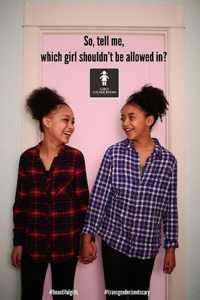 Two twin women stands in front of a women's toilet, they look alike, one of them is transgender. Above them it say's "which girl shouldn't be allowed in?"