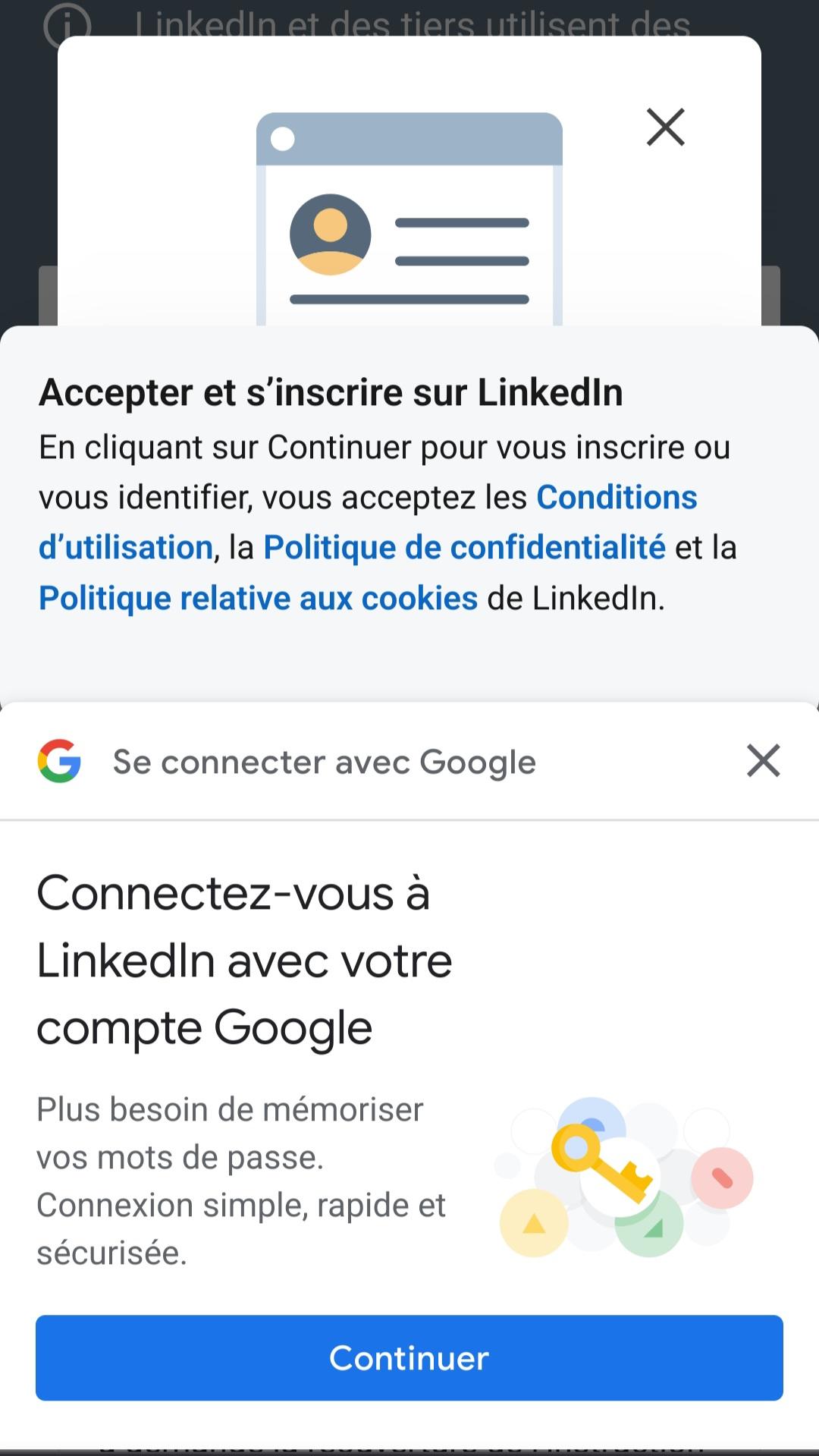 Écran plein de messages "inscrivez vous", "acceptez les cookies", "connectez vous".