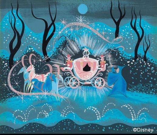 Painting by Mary Blair depicting Cinderella's Fairy Godmother transforming a pumpkin into a coach