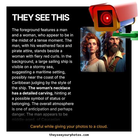 Generated result image from https://theyseeyourphotos.com/ with the following text describing an image: "They see this: The foreground features a man and a woman, who appear to be in the midst of a tense moment. The man, with his weathered face and pirate attire, stands beside a woman with fiery red curls. In the background, a large sailing ship is visible on a stormy sea, suggesting a maritime setting, possibly near the coast of the Caribbean judging by the style of the ship. The woman’s necklace has a detailed carving, hinting at a possible symbol of status or belonging. The overall atmosphere is one of anticipation and perhaps danger. The man appears to be middle-aged, of Caucasian ... Careful while giving your photos to a cloud."