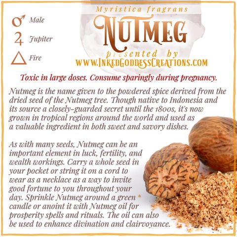 Two reddish-brown nutmeg seeds sit in the bottom right corner against a white background. One of them has been partially ground with a small pile of nutmeg shavings in front of it. The graphic includes nutmeg's metaphysical correspondences, some trivia about it, and ways to use it in your magickal practice. Presented by Inked Goddess Creations.