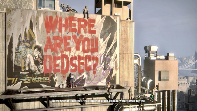 The image depicts a rooftop scene in an urban environment, featuring a large, graffiti-covered wall. The prominent graffiti reads "WHERE ARE YOU DEDSEC?" in bold red letters, suggesting a sense of urgency or a call for attention. Below the text, there is a depiction of a figure with their face obscured, possibly conveying themes of anonymity or protest.
