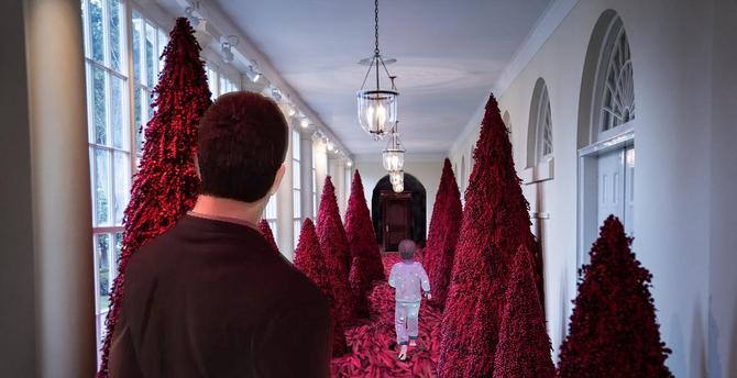 composite image with the white house and red christmas trees, merged with a still from Deadly Premonition's dream sequence with the red forest, young child in pyjamas running ahead, and the back/head of the protagonist character in the foreground