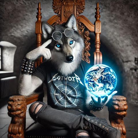 A grey wolf with blue eyes, round nickel glasses and a black metal t-shirt sits thoughtfully on a large wooden throne, one hand resting on his head, the other holding a blue glowing earth in front of his face in an old dark vaulted cellar