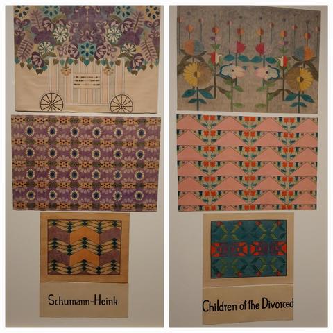 2 vertical images, painted, inked, with 3 parts geometric designs, flowers and short auto biographical nots