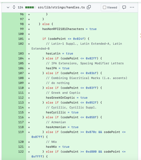 Code diff preview from a TypeScript file dealing with character handling and language support, including checks for Latin, IPA, Greek, Cyrillic, Armenian, and NKo scripts.