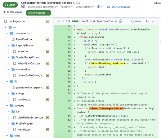 Code diff perview on GitHub showing JavaScript code related to handling IDN homograph attacks with comments and highlighted changes.