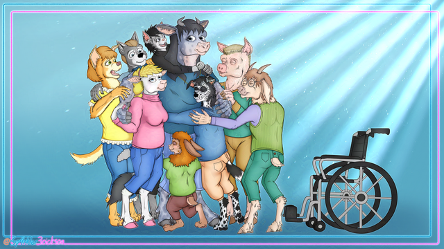 A group of anthropomorphic animals embracing in a group hug, with a large Belgian blue cow at the center, wearing a teal blue tee shirt and blue jeans.  Behind her are a golden retriever in a pleated bright yellow blouse and pleated blue jeans, a wolf whose attire is mostly obscured, and a tabby cat in a black long-sleeved tee shirt who is hanging onto her shoulders.  Held one in each of the cow's arms are a ewe in a bubblegum pink turtleneck sweater and blue jeans and a border collie in a blue hoodie and beige sweatpants. The ewe has one hand on the cow's hand and her other arm behind the cow's back, and the collie is hugging the cow's middle.  A very short rabbit in a light green sweatshirt and burgundy pants embraces the cow's legs, which are the only part she can reach.  A trim-bodied hog, wearing a sporty tan and teal green sweatsuit, supportively places one hand on the cow's arm.  A dressed in a formal-looking purple shirt, pinstriped light green sweater vest, and teal green slacks has seemingly left his wheelchair for a moment to take part in the activity, placing one arm around the border collie and the other around the hog. Everyone smiles widely.

The background is a gradient of teal-blue, bordered by a set of magenta and teal blue neon filaments, which merge into a signature by the artist in the lower left-hand corner. The signature reads "Sparkler Erickson". Beams of light radiate from the upper right hand corner of the canvas and serve to highlight the group.