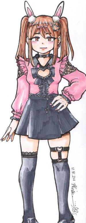 brown haired pigtails girl with rabbit ear clips on her head. She is wearing a frilly pink blouse and black skirt. There is a heart cut out on the top. she's wearing black knee high socks and the left sock is held up with a black garter. She has loafers