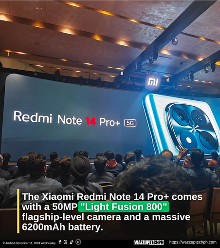 a crowded people and a large screen showcasing the redmi note 14 pro+ 5g launch event in India.