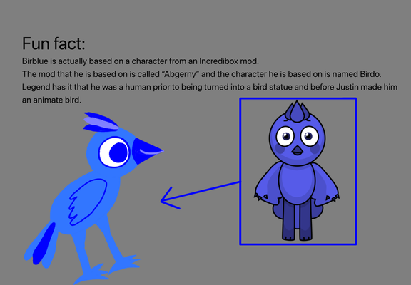 The text in this image reads “Fun fact: Birblue is actually based on a character from an Incredibox mod. The mod that he is based on is called “Abgerny” and the character he is based on is named Birdo. Legend has it that he was a human prior to being turned into a bird statue and Justin turning him an animate bird.” Below the text is Birblue the bluebird and a rectangular border with an image of Birdo from Abgerny inside it and an arrow pointing toward Birblue.