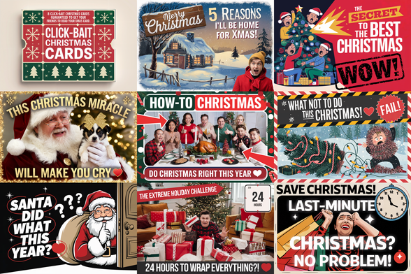 A set of 8 illustrated Christmas cards. Sample packaging reads, "Click-Bait Christmas Cards"
"8 Click-Bait Christmas Cards Guaranteed To Get Your Friends To Read Your Xmas Card."