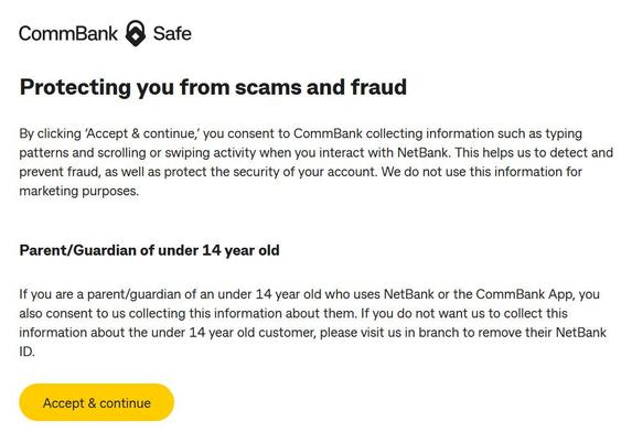 Commbanks message which blocks your account unless you agree to their collection of your biometrics