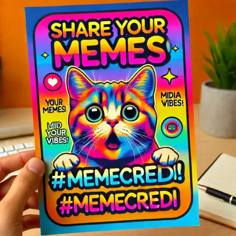A vibrant social media graphic promoting #Memecredi. The image features a surprised-looking cat meme in the center, surrounded by colorful, playful patterns and shapes. Bold text reads "Share Your Memes! #Memecredi," with a cheerful midweek vibe. The design uses bright colors like yellow, blue, and pink to evoke humor and positivity.