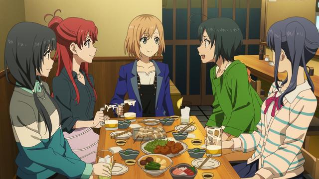 Ema Yasuhara, Shizuka Sakaki, Aoi Miyamori, Misa Toudou, and Midori Imai from the anime Shirobako Movie.