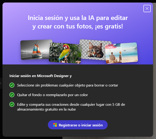 Captura de ventana emergente de Microsoft Designer pidiendo inicio de sesión para poder usar su IA y aclarando que "es gratis".