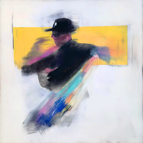 This artwork conveys a striking interplay between minimalism and motion. The figure in the foreground, a silhouette of a person in a cap, seems to be captured mid-movement, their presence both dynamic and ephemeral. The bold yellow rectangle behind the figure anchors the composition, offering a stark contrast to the muted, textured strokes of the figure. The blurred, multi-colored streaks radiating from the figure suggest momentum and energy, hinting at themes of motion and transition. The use of pastel hues against the stark black and yellow creates a sense of vibrancy within simplicity. The open white space surrounding the central elements emphasizes the figure's isolation, making the motion even more poignant. This piece could evoke feelings of individuality, resilience, or the fleeting nature of time and movement. It is a compelling study of balance between stillness and dynamism, simplicity and complexity.
