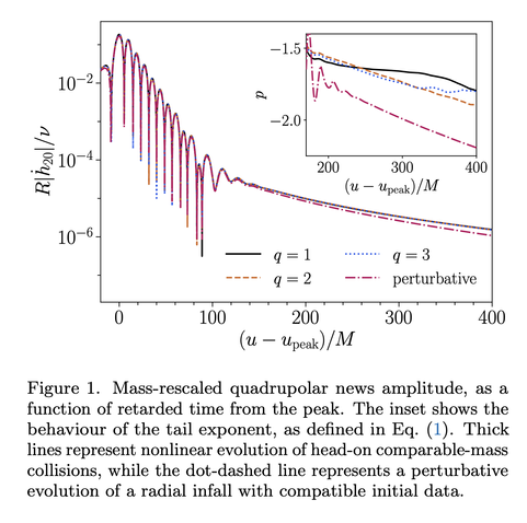 Figure 1 and caption from the paper. The horz axis is retarded time u after the peak, in units of M. The vertical axis is R|\dot{h}_{20}|/\nu, on a log scale. We see 4 curves, almost exactly on top of each other. Three are from NR simulations at q=1, 2, 3. The fourth is form perturbation theory. They all show an exponentially decaying ringing, followed by a power-law tail. An inset shows the "instantaneous power law index" for each curve, as a function of retarded time, all in rough agreement between -1.5 and -2.