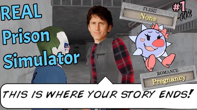 youtube thumbnail. Reads "REAL prison simulator". Background is of a PS1 or worse looking 3D prison game.

A photoshopped picture of Todd Howard appears to be saying to The Joker "This is where your story ends". 
Two out of context menu options read "Flesh: None" and "Romance: Pregnancy".