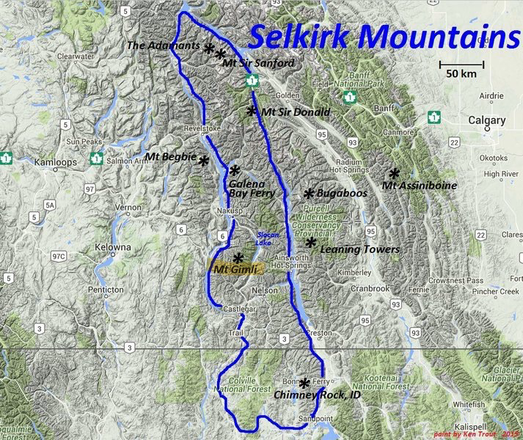 Map of Selkirk Mountains in British Columbia, Idaho, and Washington; with Mt. Gimli in BC highlighted 