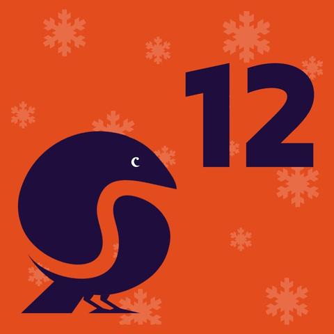 An illustration with an orange background featuring a stylized bird design and the number "12," surrounded by snowflake patterns.