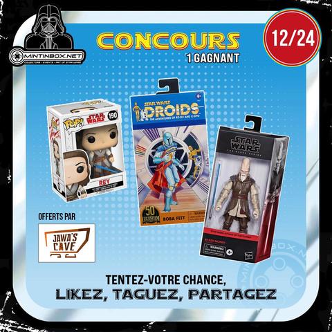 Logo MintInBox en haut à gauche, mention Concours 1 gagnant, et le numéro de la case du mois : 12/24
Au centre il y a les 3 lots: un #FunkoPop de Rey, une figurine Hasbro #Droids de #BobaFett et un #KiAdiMundi.
Le fond de l'image est bleu. Partagez- Likez- Taguez