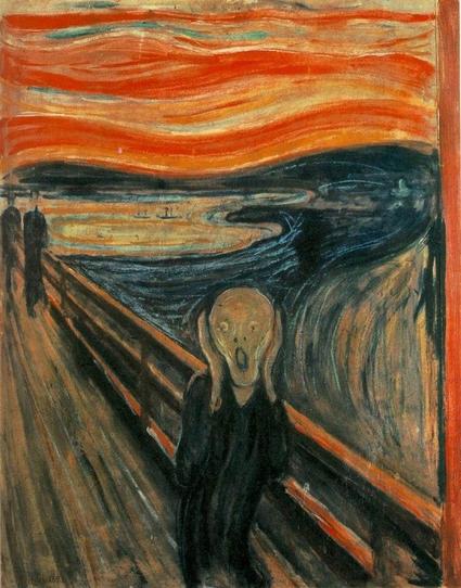 Edvard Munch, 1893: 'The Scream', famous oil-painting on canvas which inspired the later early 20th-century Expressionists; current location National Gallery in Oslo, Norway
