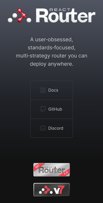 Screenshot of the React Router homepage including a metallic, shiny logo with blobby dots arranged in a triangle. Some standard marketing bumf then related links and shiny badges.