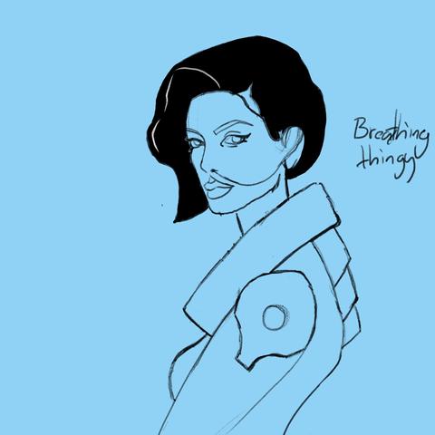 A sketch based on Anne Hathaway, but wearing a sci-fi outfit similar to those worn in the Dune series. She has a kind of pixie cut hairstyle, and a breathing apparatus connected to her left nostril.