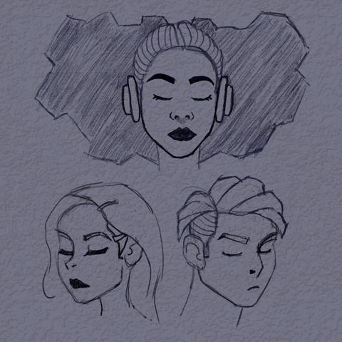 Three head sketches of a woman with a big blocky afro and headphones, a woman with a simple flowing hairstyle using pins, and a man with a faded spiky hairstyle. All of their eyes are closed, their lips are a solid colour with no definition/separation.