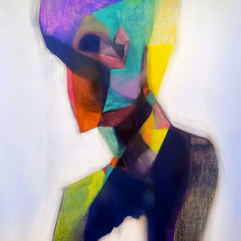 This abstract portrait captures a sense of introspection and emotional depth through the interplay of bold geometric forms and soft, blended hues. The figure, composed of faceted shapes and intersecting planes, seems to emerge from a luminous void, as if caught in a moment of reflection or transformation. The color palette, dominated by vibrant purples, greens, and oranges, juxtaposed with subtle yellows and blues, adds complexity to the composition. The fragmented yet cohesive structure suggests themes of identity, vulnerability, and self-discovery. The bold yellow area toward the right creates a focal point, symbolizing light, hope, or an external influence on the figure's contemplative state. The hazy, undefined edges enhance the ethereal quality, creating a sense of movement and transition, as if the subject is dissolving into or emerging from their surroundings.