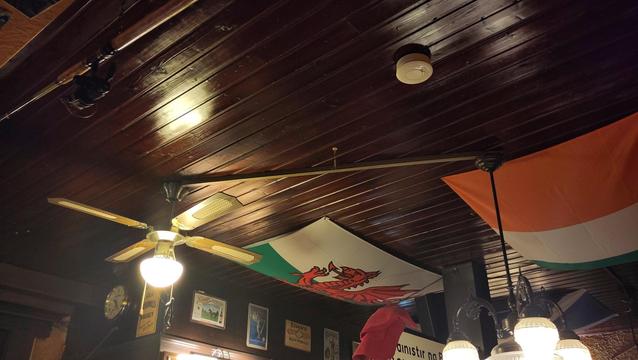 The roof of the Bogside, an Irish pub in Offenbach. It's a terrible shot picture, because I did not want to include any of the guests. Pinned to the roor is an Irish and an Welsh flag.