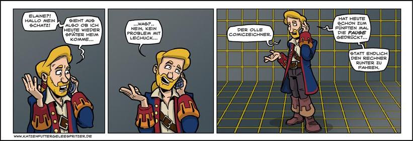 Comic-Strip zeigt Guybrush aus Monkeys Island, der seine Frau anruft, da er wohl später heim kommen wird.