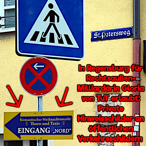 Verkehrsschild Zebrastreifen und Werbung für Thurn-und-Taxis-Weihnachtsmarkt
