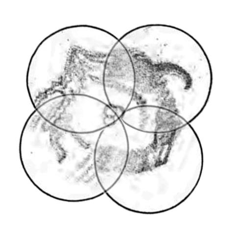 The same 4 drawings of Mars arranged like petals of a flower, aligned roughly on the south polar ice cap. There should really be at least 5 of these drawings to make it more accurate, but this shows the idea Herschel had. 