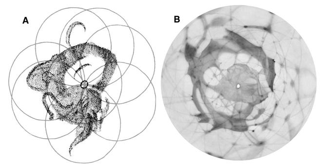 William Herschel's 1784 map of Mars (left) and a mid-20th Century map in the same (approximate) geometry (right). I will identify the more modern map when we get to it in the sequence.
