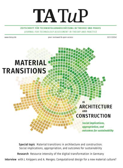 Cover of the TATuP issue 33/3 (2024) "Material transitions in architecture and construction: Social implications, appropriation, and outcomes for sustainability"