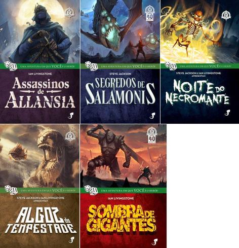 Capas de Assassinos de Allansia, Segredos de Salamonis, Noite do Necromante, Algoz da Tempestado e Sombra de Gigantes, todos livros-jogos da série Fighting Fantasy publicados pela Jambô Editora.