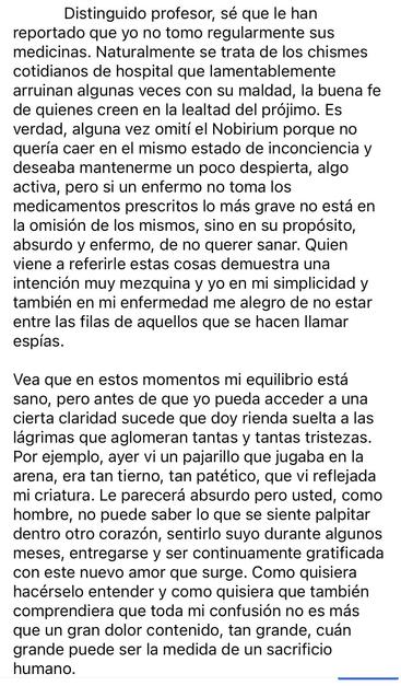 Imagen de un texto escrito a mano en español. El texto es una carta o un escrito personal, donde el autor se dirige a un profesor para explicar por qué no toma sus medicamentos regularmente. El autor argumenta que no se trata de una falta de voluntad, sino de una decisión consciente para evitar un estado de inconsciencia y mantener cierta lucidez.  El autor también describe un momento de profunda emoción al observar un pequeño pájaro, relacionándolo con su propio dolor y sacrificio.