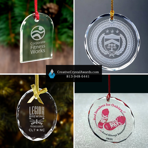 Engraved crystal ornaments, corporate ornaments, optical crystal ornaments, personalized crystal ornaments, promotional ornaments, crystal Christmas ornaments, crystal suncatcher ornaments, glass ornaments, corporate holiday ornaments, corporate crystal gifts, Creative Crystal Awards USA