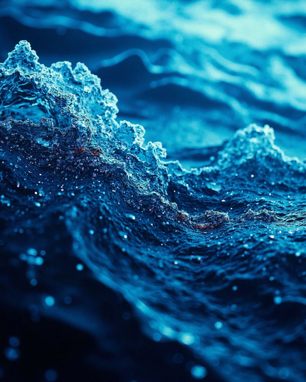 A close-up of deep blue ocean waves with swirling, reflective textures that mimic the intensity of a dynamic storm. Misty highlights and glossy surfaces create depth and movement, evoking the dramatic and mysterious energy of an untamed sea.