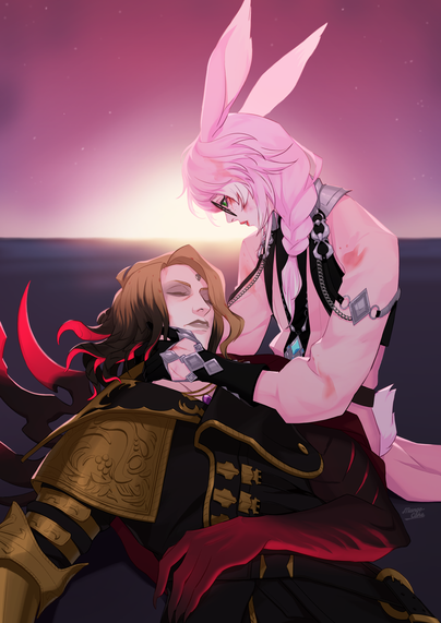 Digital painting of Zenos yae Galvus from the MMORPG Final Fantasy XIV laying unconscious in the arms of a pink haired Viera at the edge of the universe. Zenos is half enshrouded and both figures have bruises on their bodies.