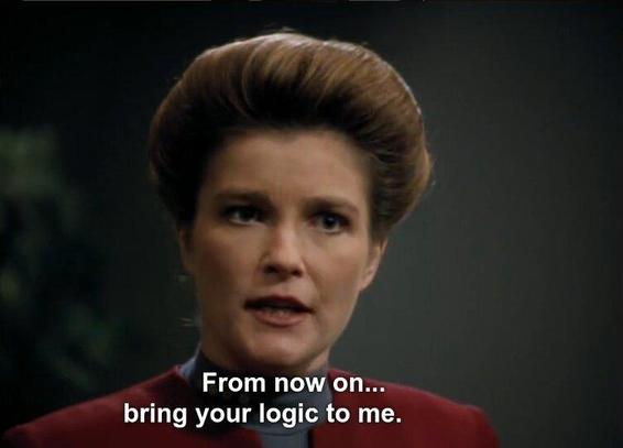 Star Trek Voyager screengrab: Janeway, states plainly, per closed captions: "From now on... bring your logic to me."