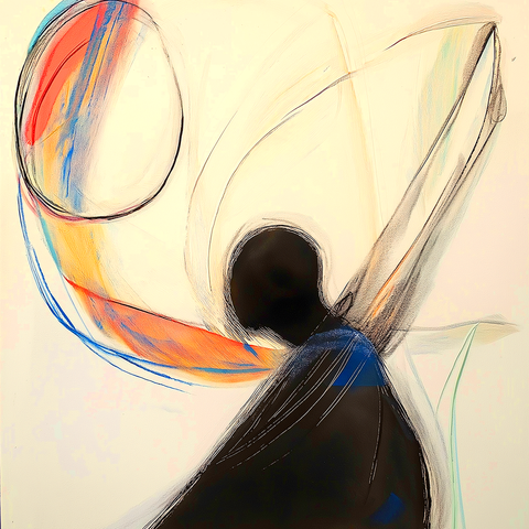 This abstract composition captures the essence of motion and energy through its minimalist yet dynamic lines and forms. The central figure, silhouetted in black, appears to be a batter mid-swing, their form emphasized by bold, sweeping strokes that radiate outward. The circular element in the upper left evokes the imagery of a ball in motion, its trajectory traced by subtle arcs and gradients of red, blue, and orange. The soft interplay of colors contrasts with the stark black silhouette, creating a sense of tension between fluidity and structure. The open, white background enhances the focus on the central action, allowing the viewer's imagination to fill in the context—whether it's a baseball game or a broader metaphor for effort and impact. This piece invites contemplation on themes of determination, precision, and the fleeting moments where preparation meets opportunity, making it a striking visual metaphor for life's pivotal swings.