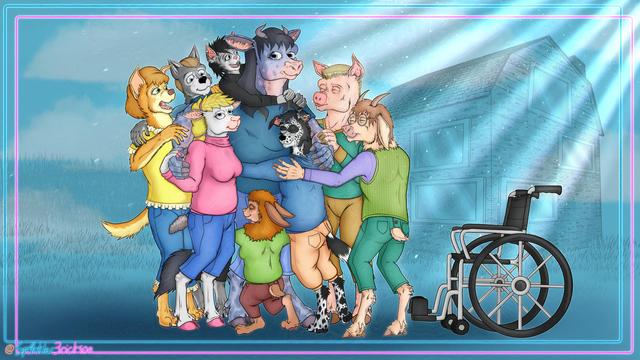 A group of clothed anthropomorphic animals poses in a group hug in front of a blue backdrop with line art of a homestead with a barn-like house and a field of hay.  The animals from left to right are a golden retriever, a gray wolf, a white sheep, a gray tabby cat, a Belgian blue cow at the center, a tawny rabbit with darker heart-shaped spots, a speckled border collie, a pale-toned pig, and a tan shaggy goat. A wheelchair sits to the right of the group, apparently belonging to the goat.  A blue and magenta neon light array borders the image and merges with the artist's signature.