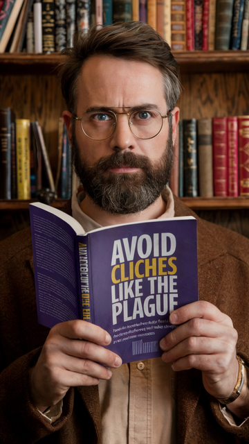 A cinematic medium shot of a man with a beard and glasses holding a book with the title "Avoid Cliches Like The Plague". The background is a wooden shelf filled with books. The lighting is warm.